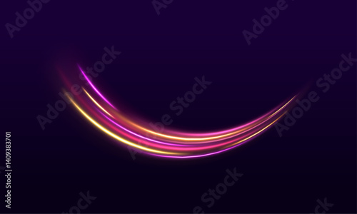 Long exposure of night motorways shows colorful speed trails. Neon purple and blue light effects swirl in spirals. Perfect for futuristic city visuals.