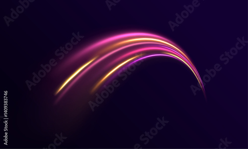 Long exposure of night motorways shows colorful speed trails. Neon purple and blue light effects swirl in spirals. Perfect for futuristic city visuals.