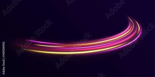 Blurred neon color motion streaks create speedway effect. Vibrant acceleration and fast movement on a dark road. Ideal for high-tech designs and banners.