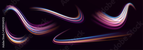 Big set of neon swirling lines and spirals form glowing backgrounds. High-speed light trails create dynamic energy flow. Vector artwork for tech and speed themes.