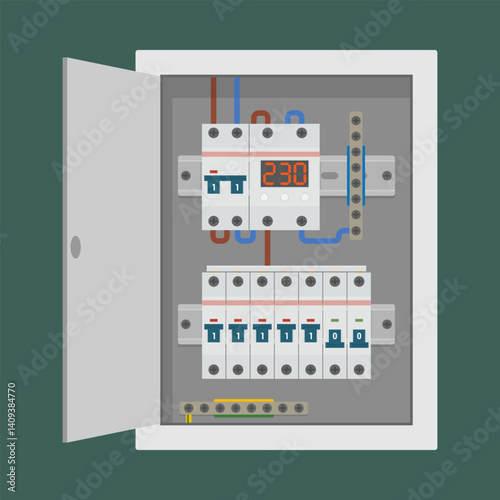Electrical control panel with installed equipment and connected wires. Vector illustration depicting electrical safety equipment, suitable for educational or industrial purposes