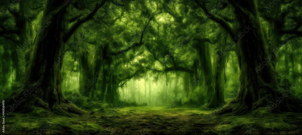 Lush greenery envelops an expansive forest, where enormous trees stretch skyward. Sunlight filters through the dense foliage, creating a serene and magical atmosphere Lush greenery envelops an expansive forest, where enormous trees stretch skyward. Sunlight filters through the dense foliage, creating a serene and magical atmosphere