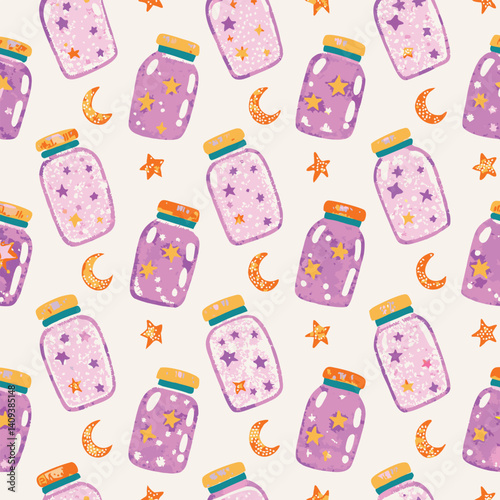Pastel star jar vector pattern with magic night elements