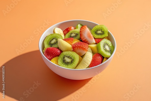 Colorful fruit salad in a white bowl.
