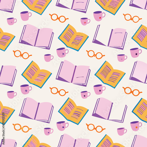 Pastel book lover seamless vector pattern with reading elements