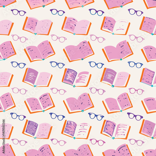Pastel book lover seamless vector pattern with reading elements