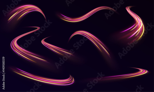 Big set of neon swirling lines and spirals form glowing backgrounds. High-speed light trails create dynamic energy flow. Vector artwork for tech and speed themes.