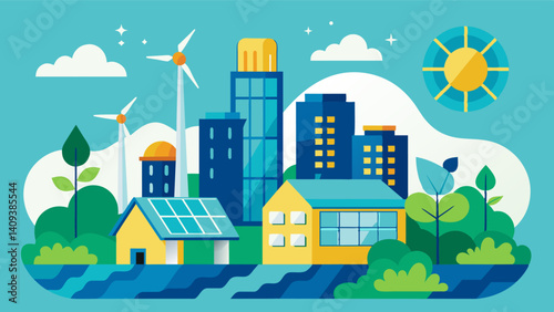 The eVTOLs are powered by renewable energy sources maintaining the citys commitment to sustainability.. Vector illustration
