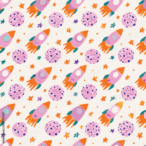 Pastel space vector pattern with rockets, stars, and planets