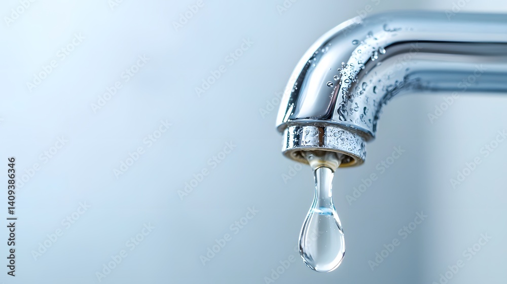 Sparkling Water Drop Falling from Chrome Faucet in Modern Kitchen Setting Sparkling Water Drop Falling from Chrome Faucet in Modern Kitchen Setting