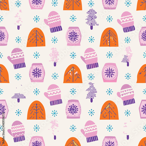 Winter snowflake pastel seamless pattern with mittens and pines