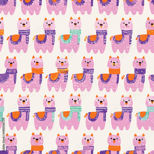 Cute alpaca pastel seamless pattern with scarves and soft colors