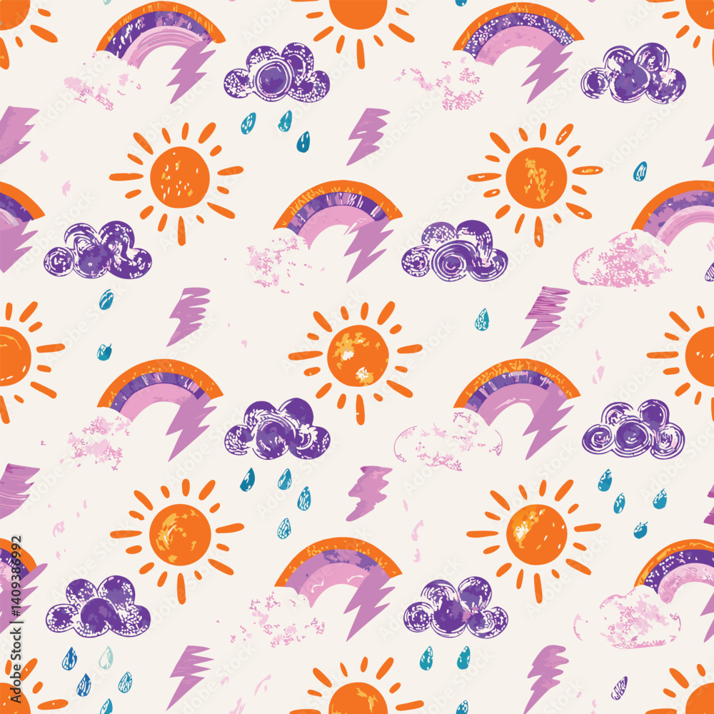 Naklejka premium Weather icon pastel seamless pattern with clouds and sun