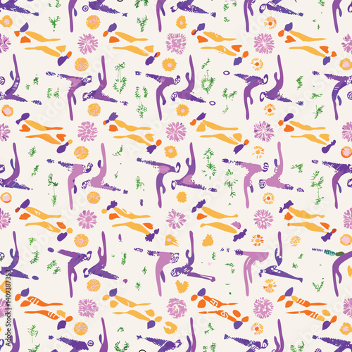 Yoga pose seamless pastel pattern with soft leaves in mint and lavender tones for wellness and spa branding.