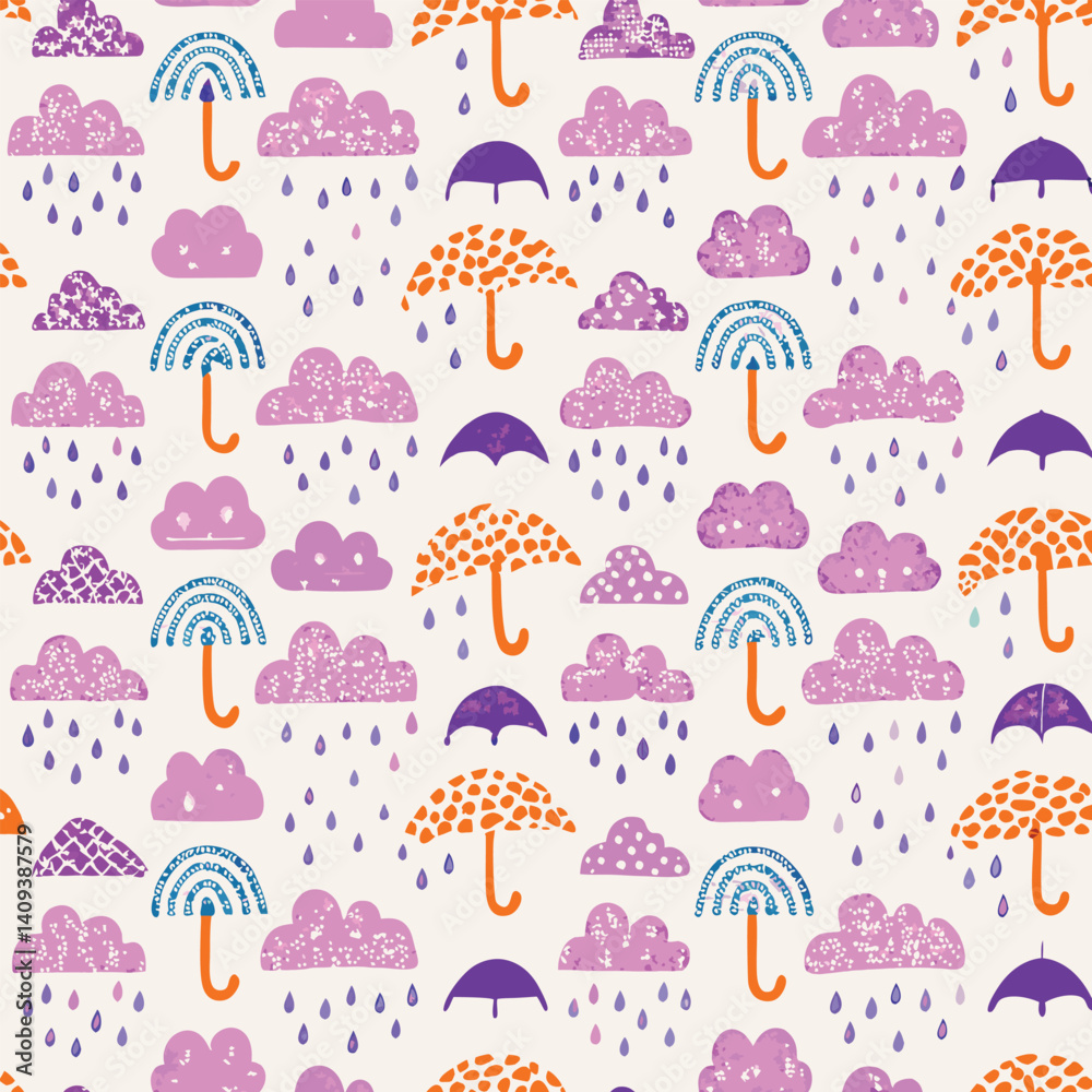 Pastel clouds and raindrops seamless vector pattern with umbrellas for nursery, kids' wear, and seasonal decor. Pastel clouds and raindrops seamless vector pattern with umbrellas for nursery, kids' wear, and seasonal decor.