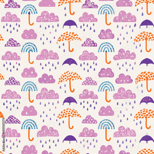 Pastel clouds and raindrops seamless vector pattern with umbrellas for nursery, kids' wear, and seasonal decor.