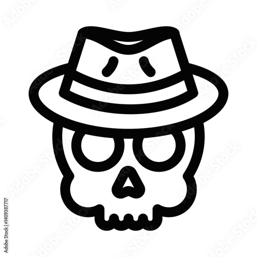 Skull in gangster hat vector icon bold style. Editable stroke.