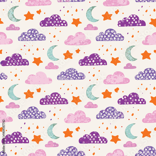 Soft pastel clouds, stars, and moons seamless pattern in pink and lavender for nurseries and bedtime decor.