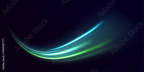 A bright green wave trail swirls through darkness, leaving light traces behind. The twirl effect adds elegance and energy. Great for branding, web headers, or posters.