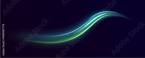 Glowing green light swirl with smooth, flowing curves. Particle motion effect. Magic of moving fast lines. Light effect in motion concept.