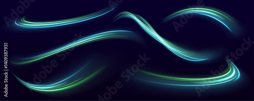 Abstract speed lines in glowing green curve forward with motion blur. This effect creates a feeling of rapid digital transition. It suits tech backgrounds and UI elements.