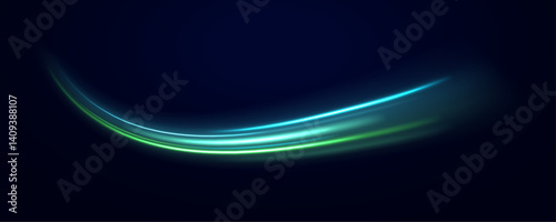 Glowing green light swirl with smooth, flowing curves. Particle motion effect. Magic of moving fast lines. Light effect in motion concept.
