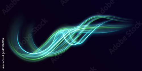 A series of neon speed lines curves across a black canvas. The light trails represent acceleration and digital motion. Suitable for racing, gaming, or sci-fi graphics.