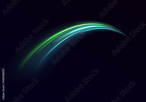 Green light painting reveals flowing streaks against a pitch-black background. The long exposure effect enhances a sense of time and motion. Ideal for creative visual design.