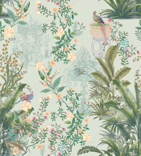 Wallpaper Mural Seamless vintage chinoiserie garden pattern featuring decorative flowers and birds, designed for wallpaper illustration Torontodigital.ca