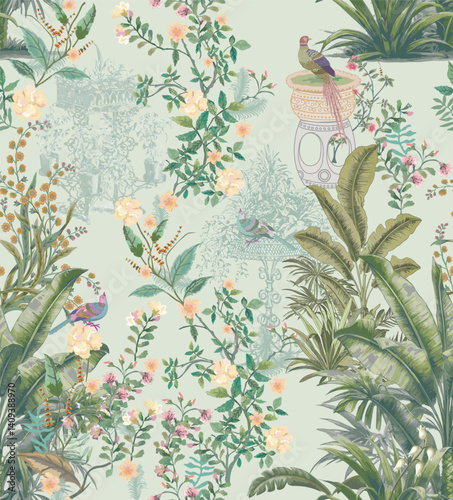Seamless vintage chinoiserie garden pattern featuring decorative flowers and birds, designed for wallpaper illustration