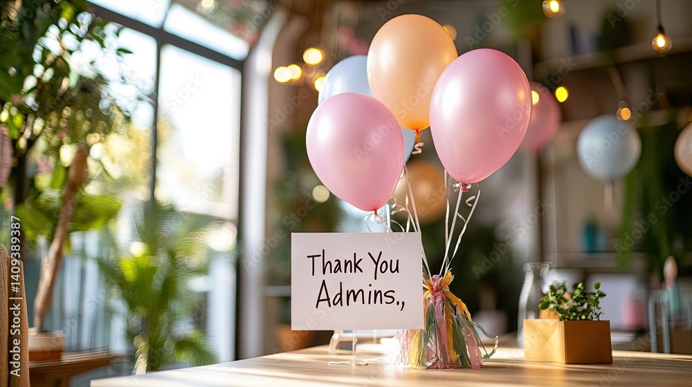Celebration Decor with Balloons and Thank You Admins Sign