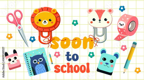 Getting ready for school sticker set. Back to school background poster card. School sale tag. Flat vector illustration style. Hand drawn lettering school badge collection. Typography emblem for school