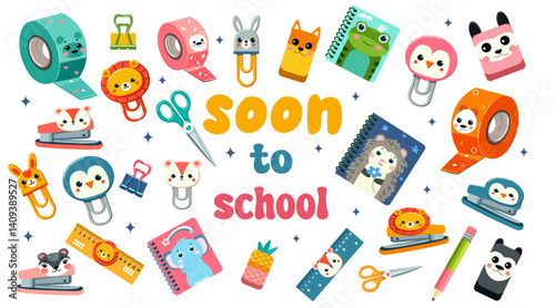 Getting ready for school sticker set. Back to school background poster card. School sale tag. Flat vector illustration style. Hand drawn lettering school badge collection. Typography emblem for school