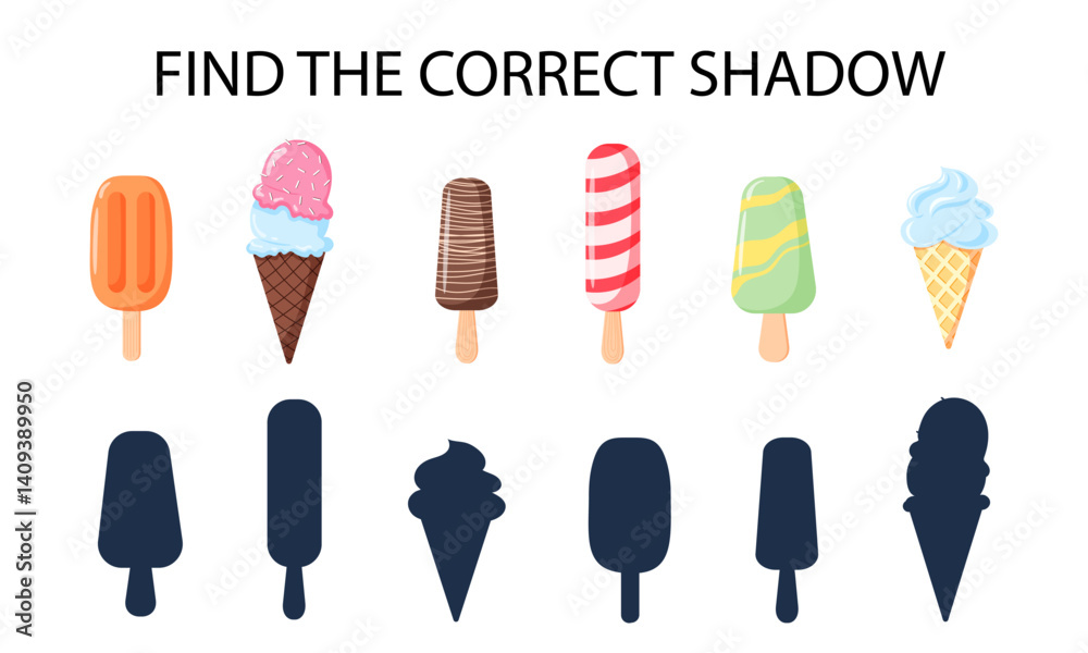 Find the correct shadow of ice cream. Worksheet. Educational logical game for kids. Cone, gelato, stick, popsicle. Vector illustrations Find the correct shadow of ice cream. Worksheet. Educational logical game for kids. Cone, gelato, stick, popsicle. Vector illustrations
