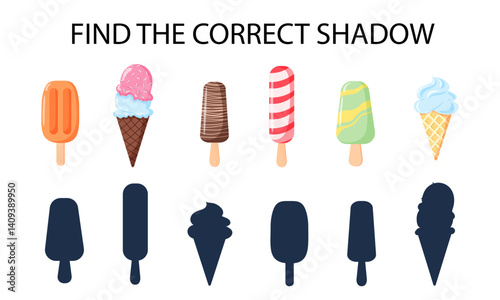 Find the correct shadow of ice cream. Worksheet. Educational logical game for kids. Cone, gelato, stick, popsicle. Vector illustrations