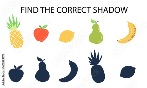 Find the correct shadow of fruits. Worksheet. Educational logical game for kids. Pineapple, apple, banana, pear, lemon. Vector illustrations