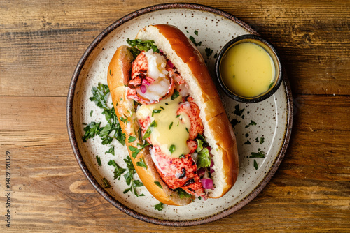 delicious lobster roll served on toasted bun, garnished with fresh herbs and accompanied by side of creamy sauce