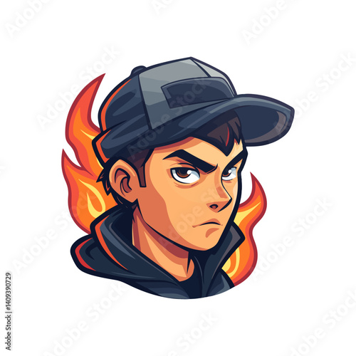 Fiery Avatar Illustration Intense Young Man with Baseball Cap