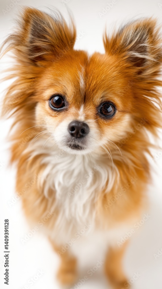 Small Chihuahua dog looking up with wide, curious eyes and ears perked up. The fluffy coat is highlighted, showcasing the canine's alert and attentive demeanor. Small Chihuahua dog looking up with wide, curious eyes and ears perked up. The fluffy coat is highlighted, showcasing the canine's alert and attentive demeanor.