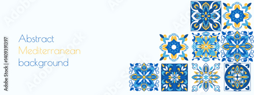 Italian blue and yellow ceramic tile pattern. Abstract Background for Mediterranean theme. Ethnic folk ornament. Copy space. Vector illustration