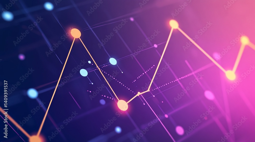 Obraz premium Abstract data visualization. Complex network of interconnected data points and lines. Dynamic chart displaying upward and downward trends. Brightly colored indicators