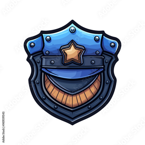 Police Badge Icon Blue Shield with Star and Hat Design
