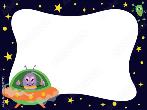 Photo frame in space style. cute alien in spaceship among stars, space frame, background