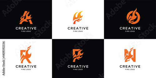 Fire icon collection. Fire flame initial letter typography symbol. Bonfire silhouette logotype. Flames symbols set collection