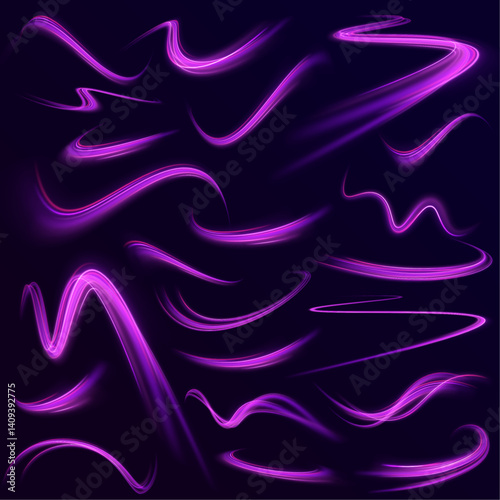 Set of bright neon speed lines. High speed effect motion blur night lights in blue and red colors, abstract flash perspective road glow streaks long time exposure vector set on transparent background.