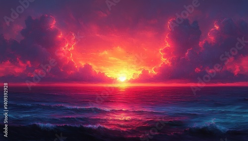 Surreal Sunset Landscape with Vivid Colors and Chiaroscuro Lighting