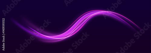 Modern abstract high-speed light motion effect on black background. Neon stripes in the form of drill, turns and swirl. Illustration of high speed concept. Image of speed motion on the road.	