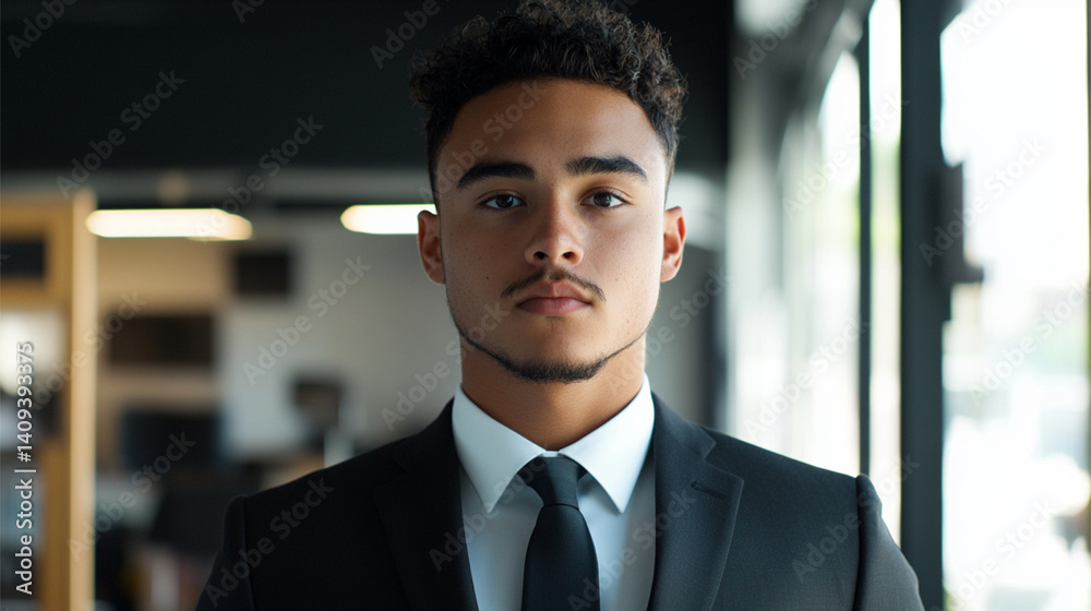 Confident young professional in tailored suit stands in modern office during daylight, exuding determination and ambition Confident young professional in tailored suit stands in modern office during daylight, exuding determination and ambition