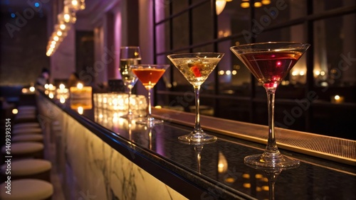 cocktail bars Elegant cocktails on a stylish bar, illuminated by warm lighting, creating a sophisticated atmosphere.