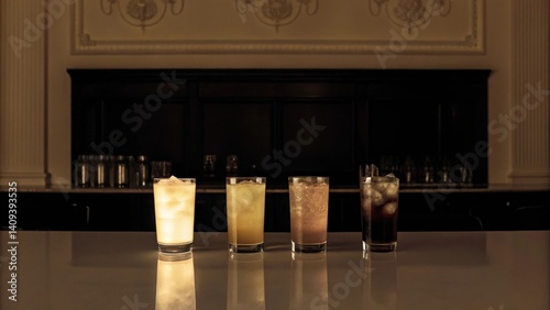 cocktail bars Elegant cocktails displayed on a bar, illuminated against a dark background.